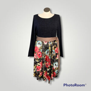 Egy Heathered Blue Knit Crushed Velvet Floral Self Tie Belted Midi Dress Size XL